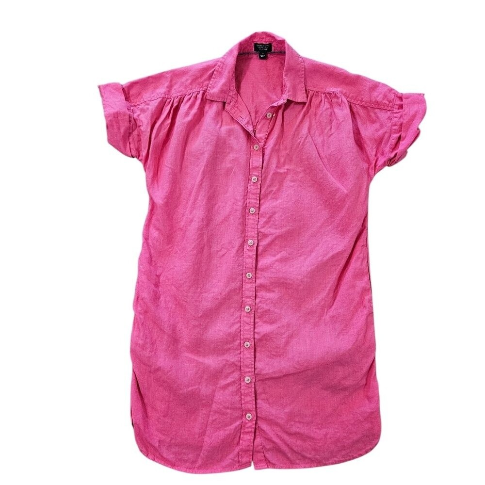 J. Crew Baird McNutt Irish Linen Dress Hot Pink SP Petite Short Sleeve Button Up - Picture 2 of 8